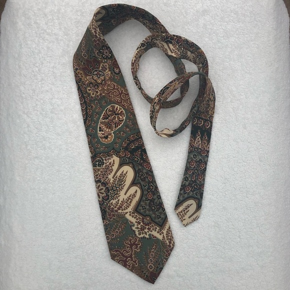 Polo Ralph Lauren Silk Botanical Floral Tie - Tan Cream Green Burgundy - USA - Picture 1 of 8